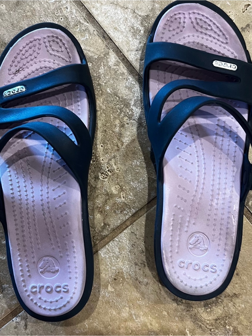 CROCS Women’s Dual-Strap Slides in Lavender and Navy